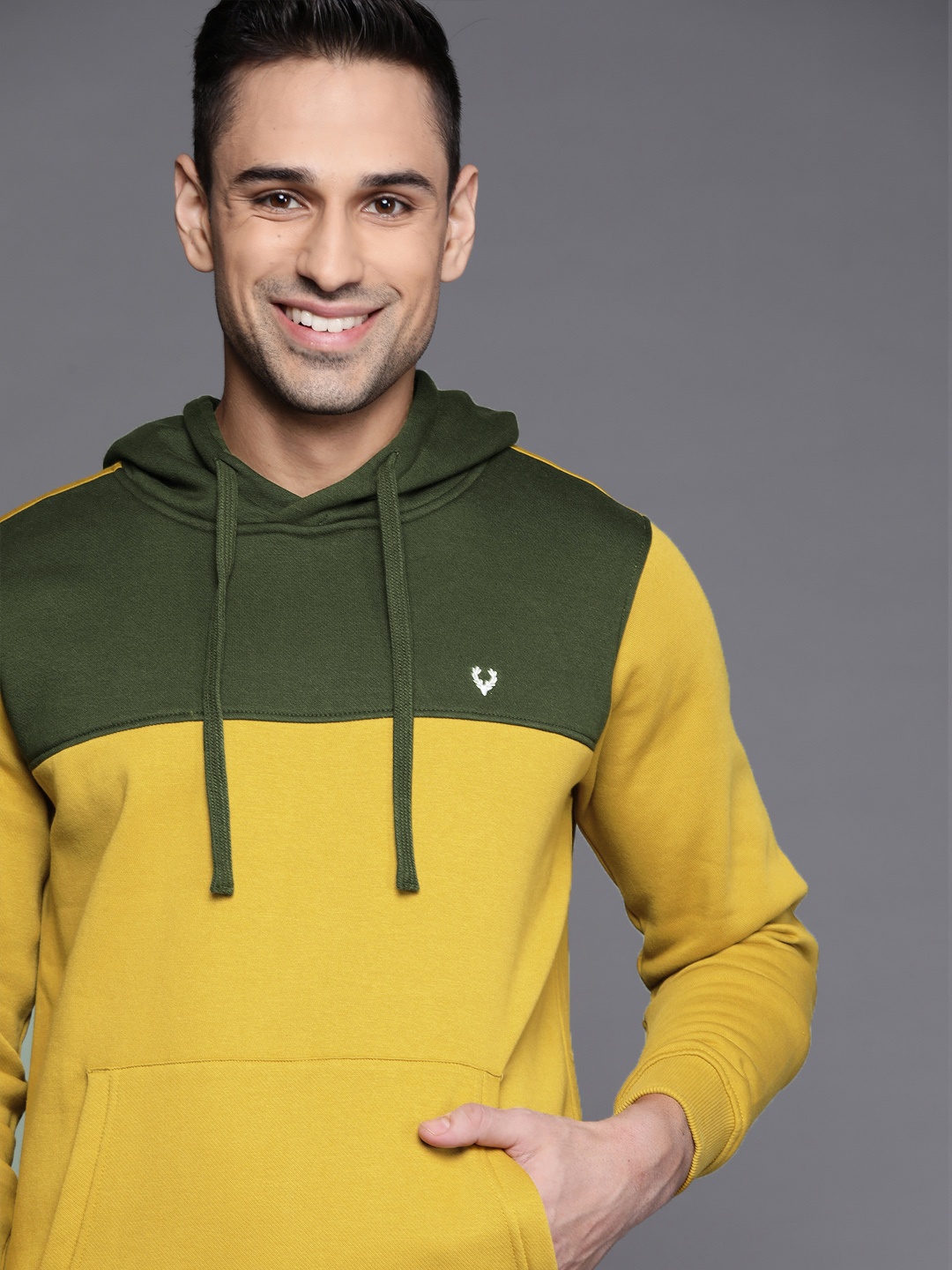 

Allen Solly Men Mustard Yellow & Olive Green Colourblocked Hooded Sweatshirt
