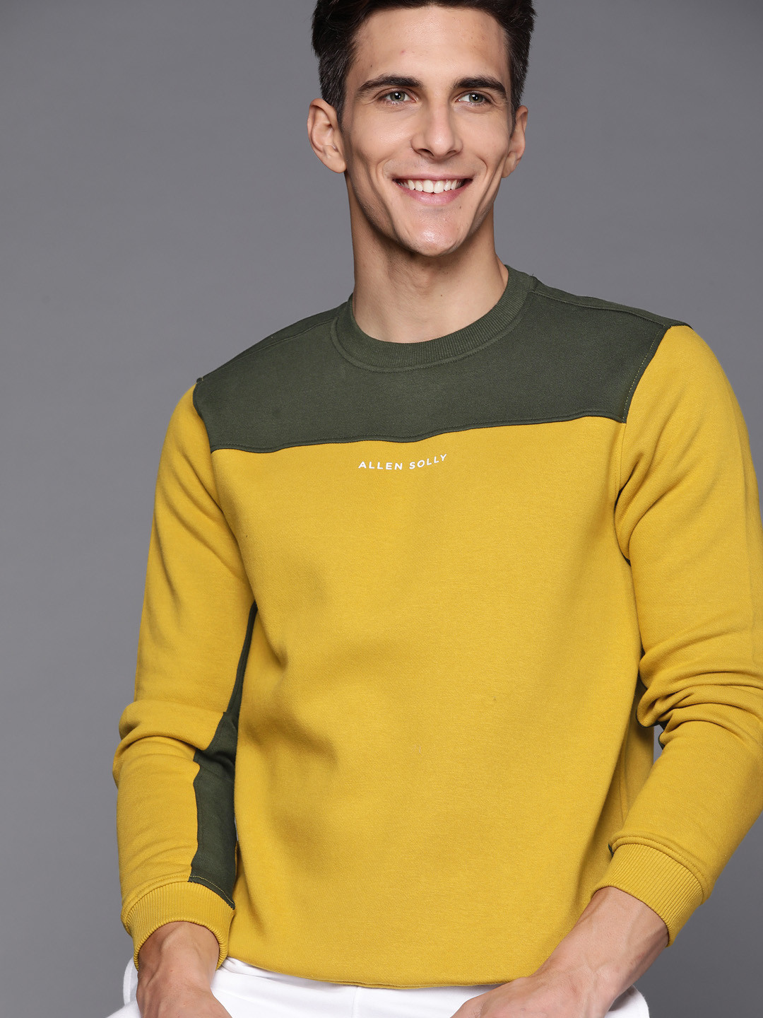 

Allen Solly Men Mustard Yellow & Olive Green Colourblocked Sweatshirt