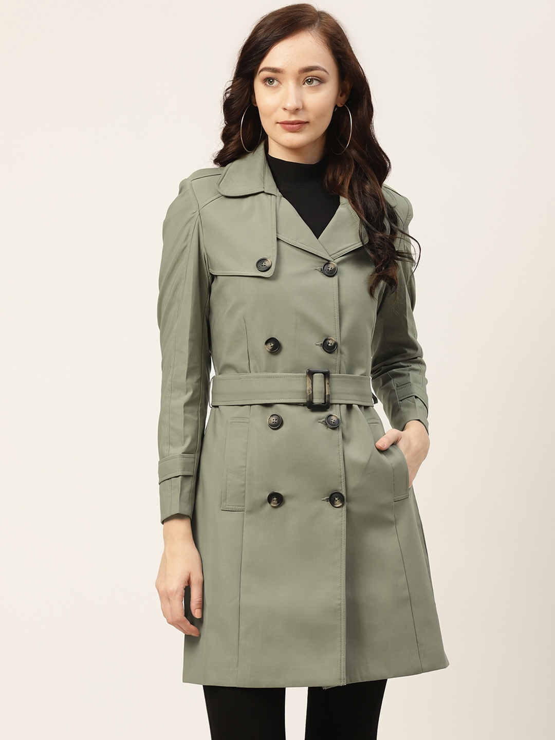 

Okane Women Olive Green Solid Longline Trench Coat & Belt