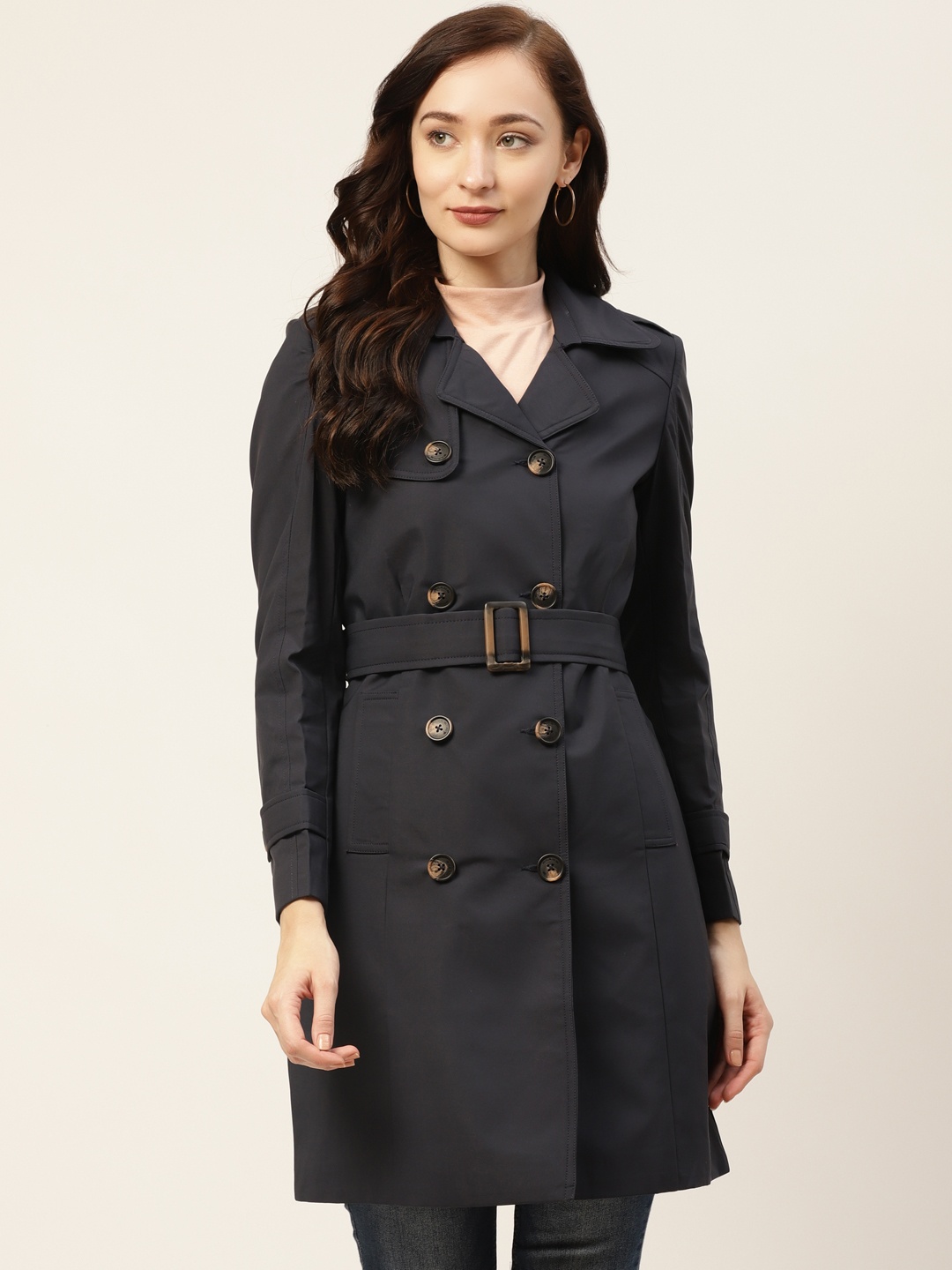 

Okane Women Navy Blue Solid Pea Coat with Belt