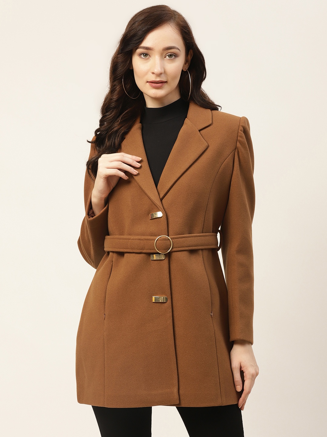 

Okane Women Brown Solid Overcoat with Belt