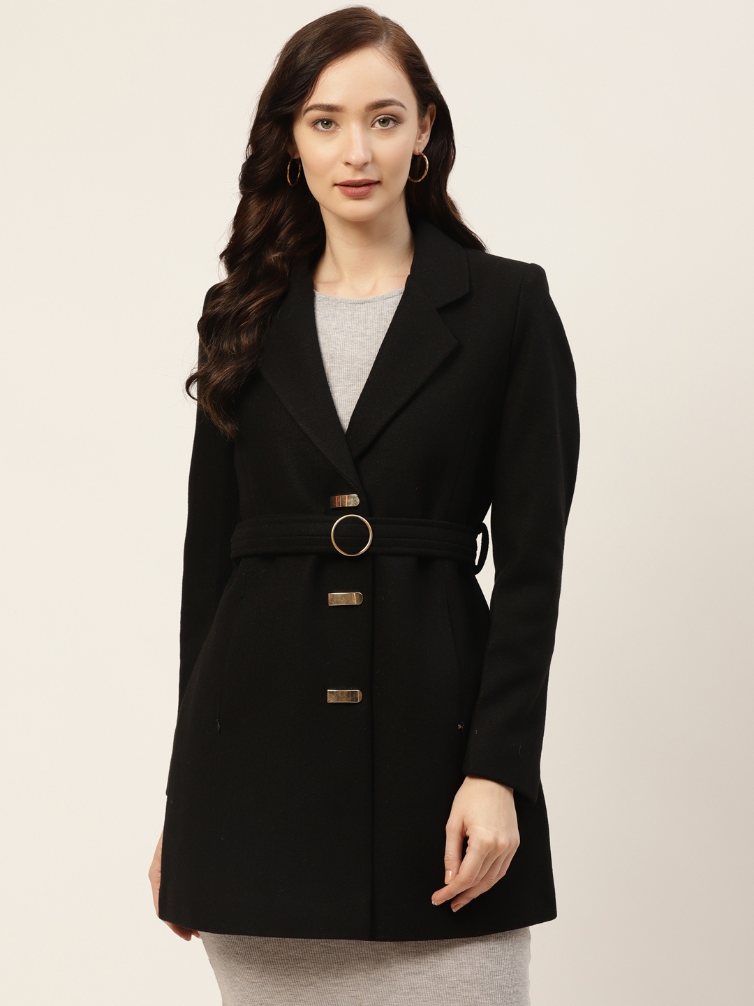 

Okane Women Black Solid Overcoat with Belt
