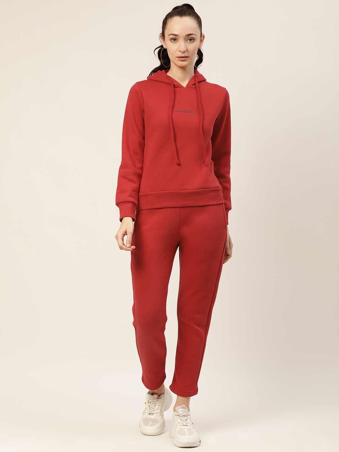 

Okane Women Red Solid Hooded Knitted Tracksuit