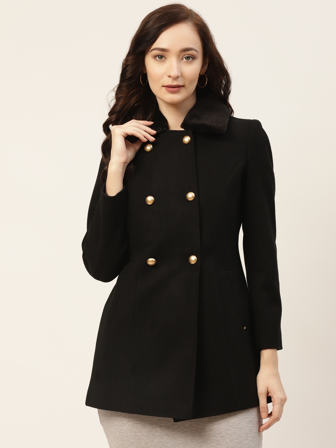 

Okane Women Black Solid Double-Breasted Overcoat