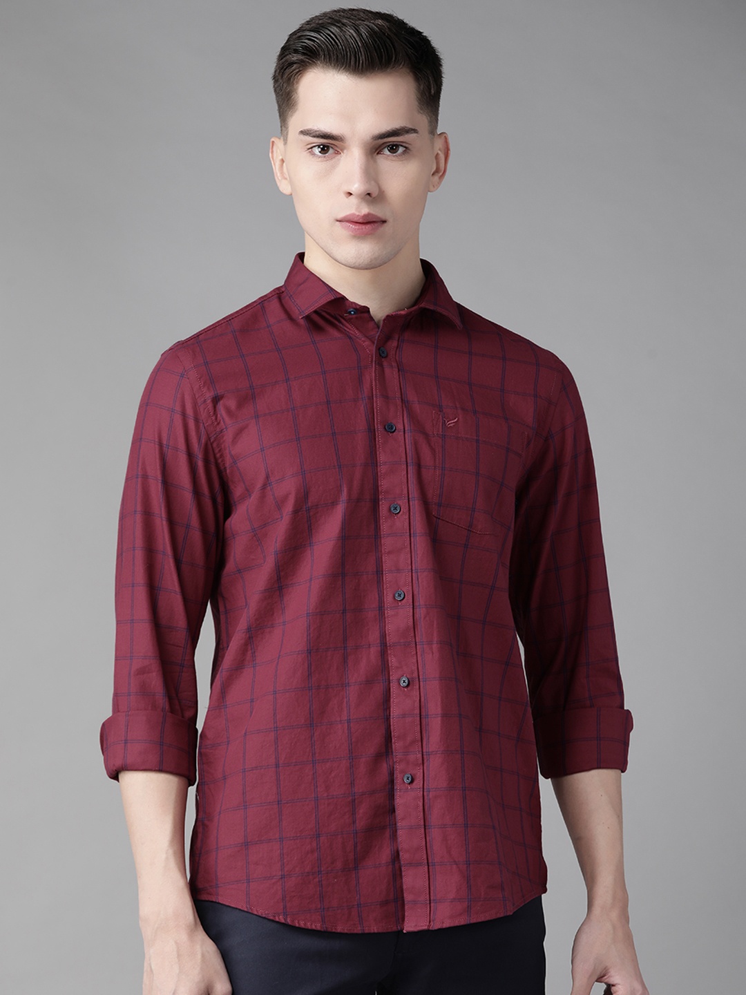 

Blackberrys Men Magenta Pure Cotton India Slim Fit Windowpane Check Casual Shirt