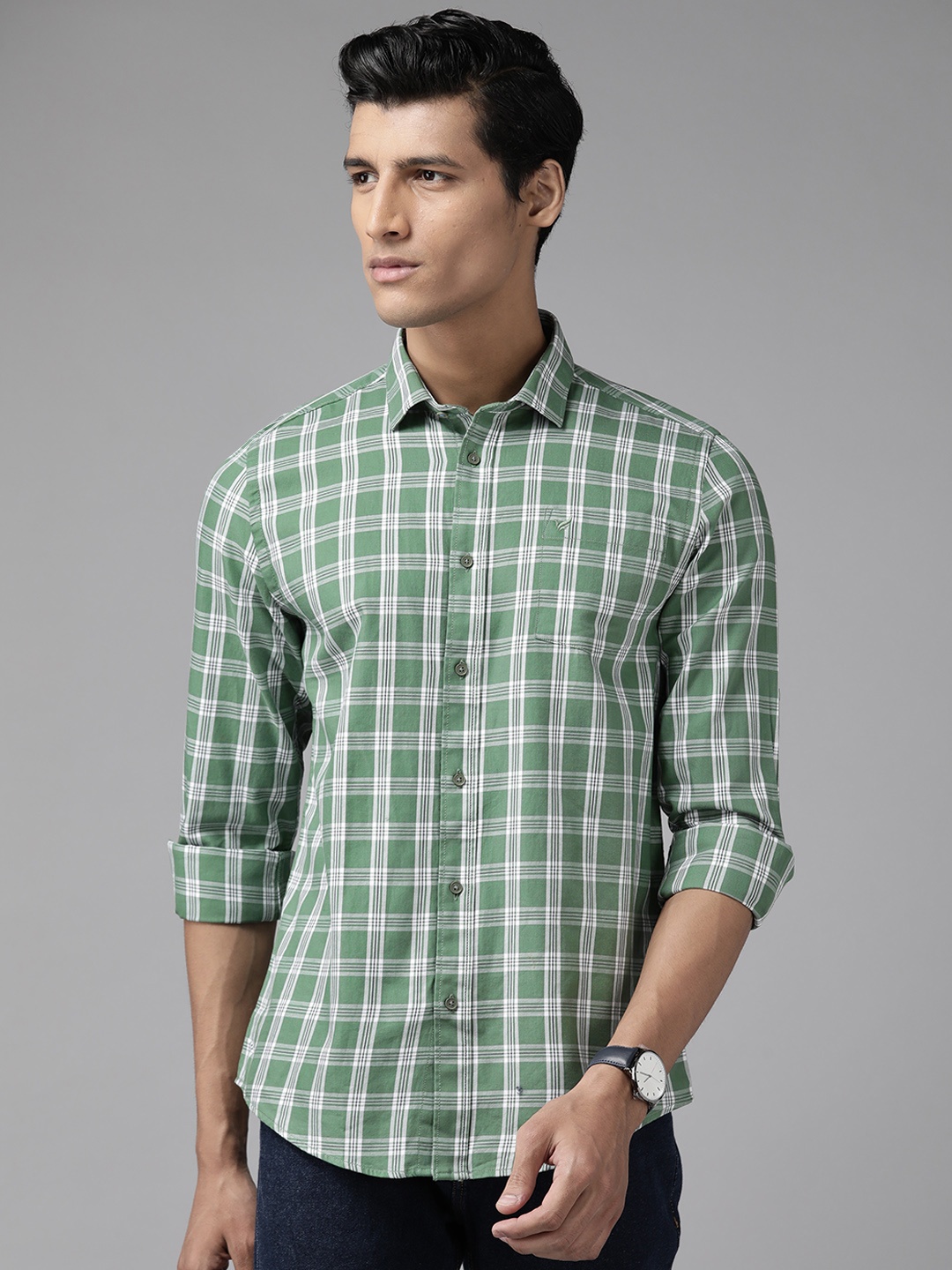 

Blackberrys Men Green India Slim Fit Tartan Checks Checked Casual Shirt