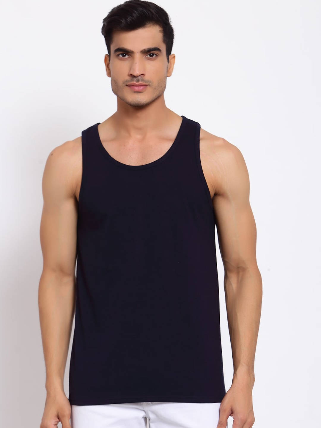 

FERANOID Men Navy Blue Solid Cotton Gym Vest