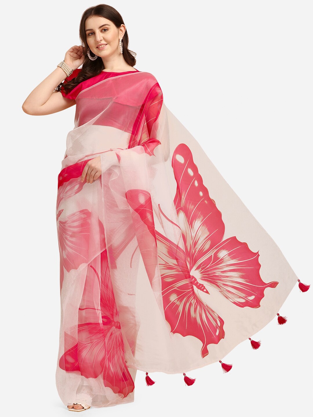 

Mitera White & Red Printed Organza Saree