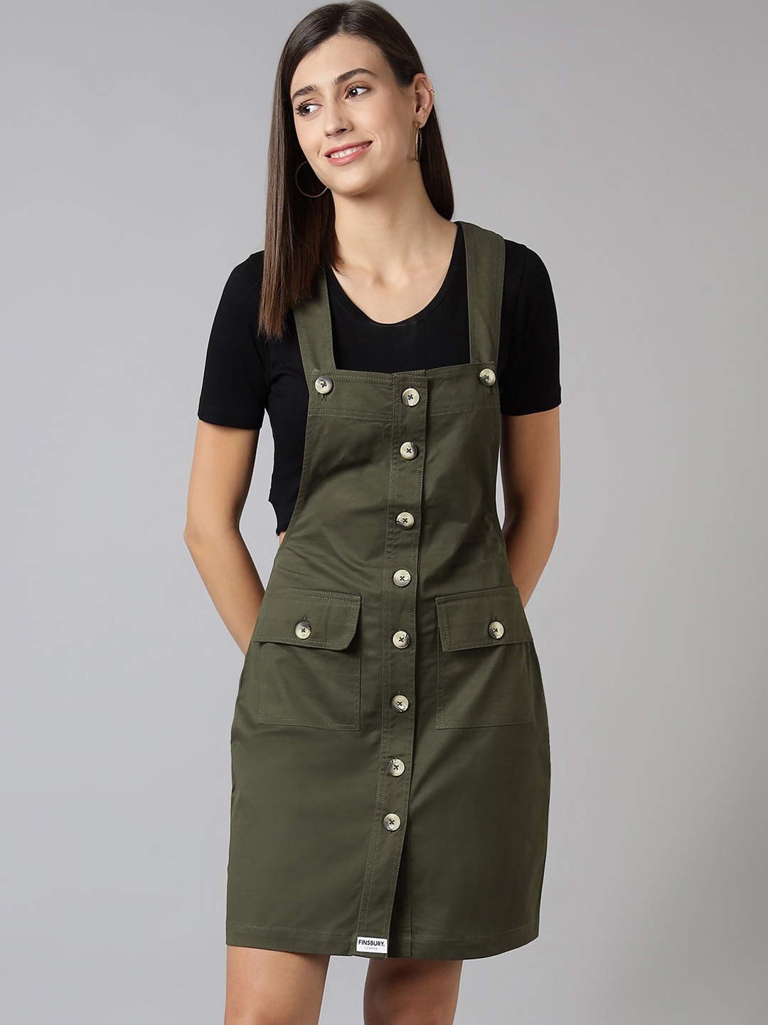 

FINSBURY LONDON Olive Green Pinafore Dress