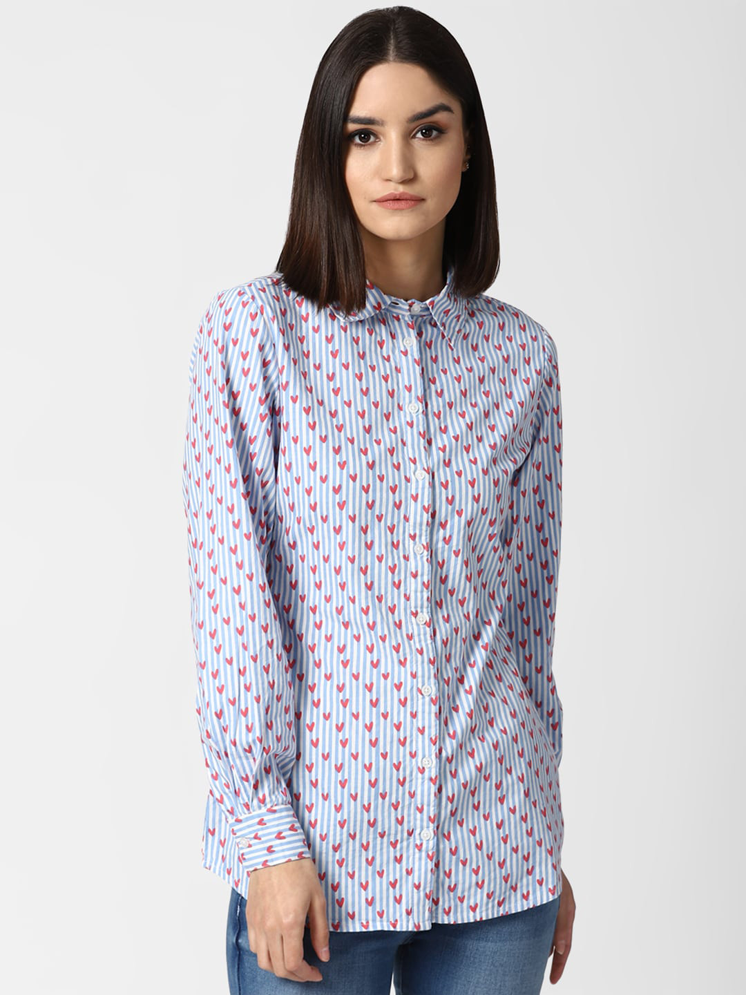 

FOREVER 21 Women Blue & White Opaque Printed Pure Cotton Casual Shirt