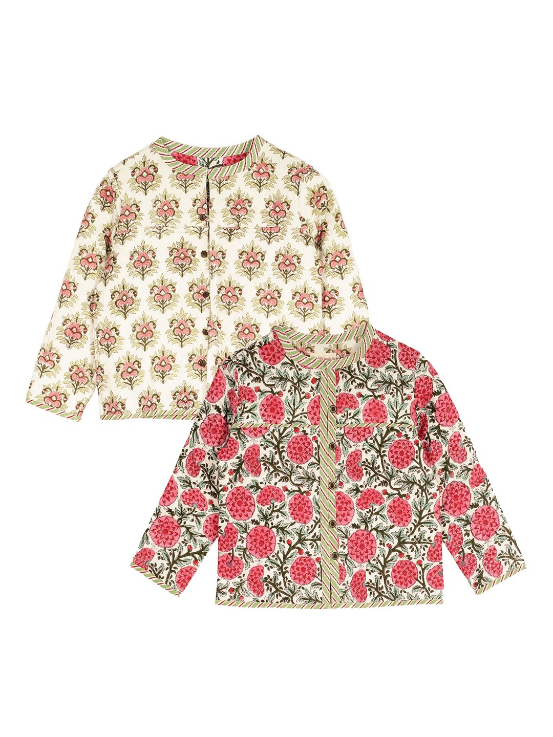 

My Little Lambs Girls Pink & Cream-Coloured Floral Reversible Tailored Pure Cotton Jacket