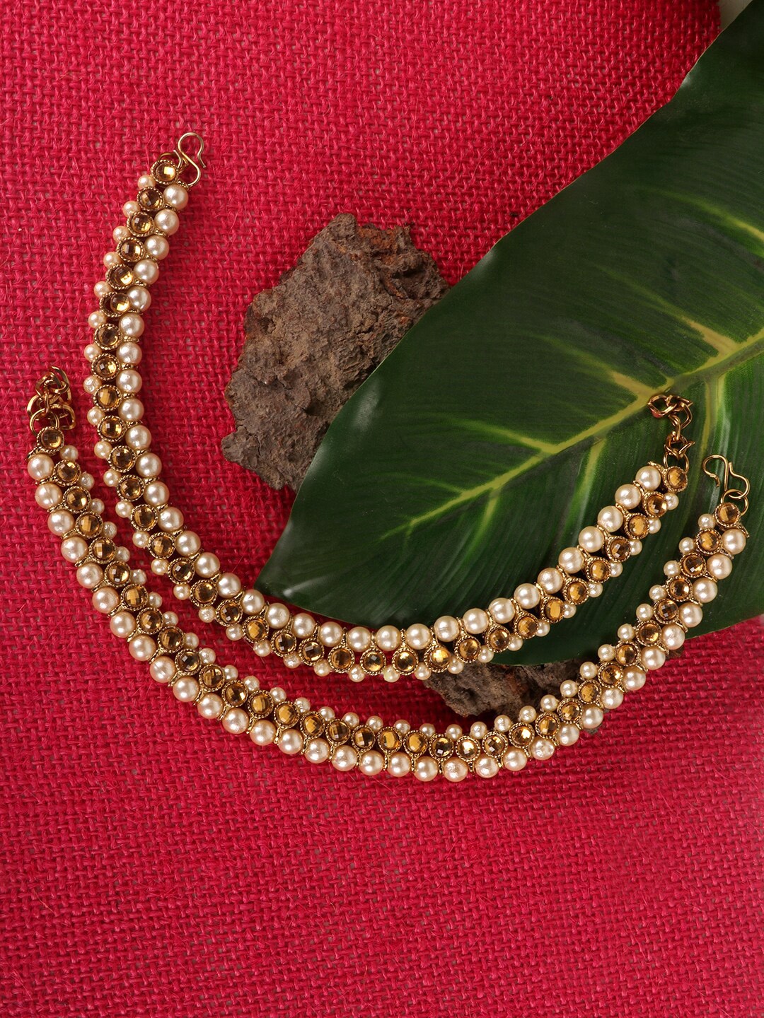 

JEWELS GEHNA Set Of 2 Women Gold-Toned Bridal Look Stone and Pearl Studded Anklet