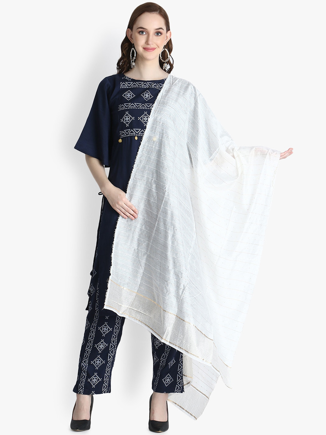 

OM SAI LATEST CREATION Women Navy Blue Bandhani Printed Regular Sequinned Kurta with Trousers & With Dupatta