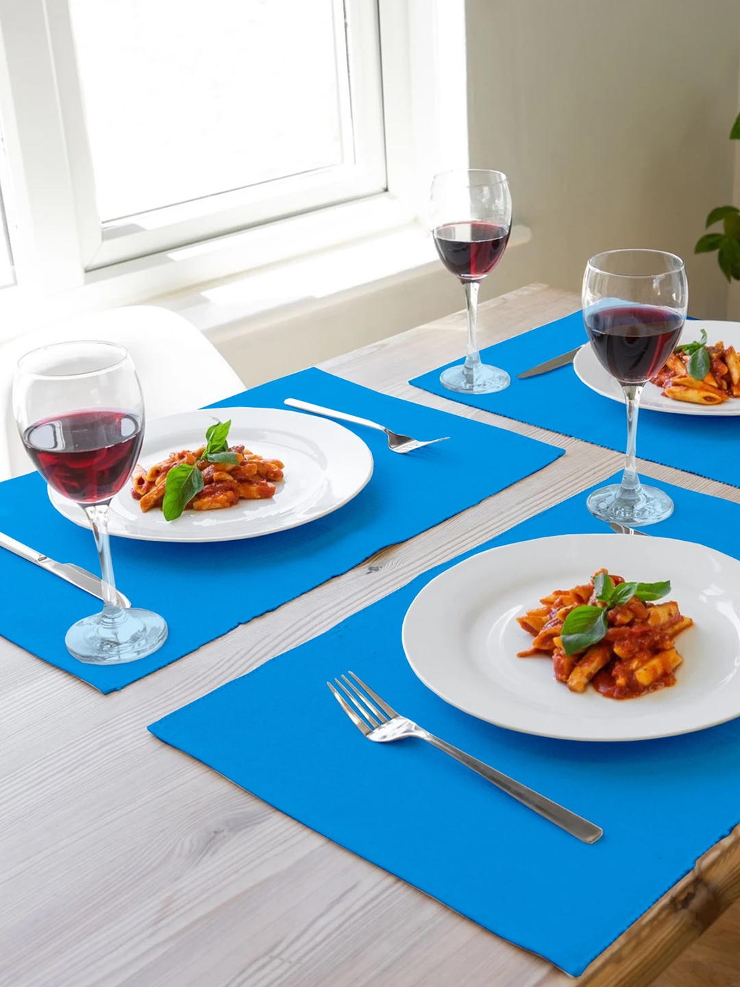 

Lushomes Set Of 6 Blue Solid Pure Cotton Table Placemats