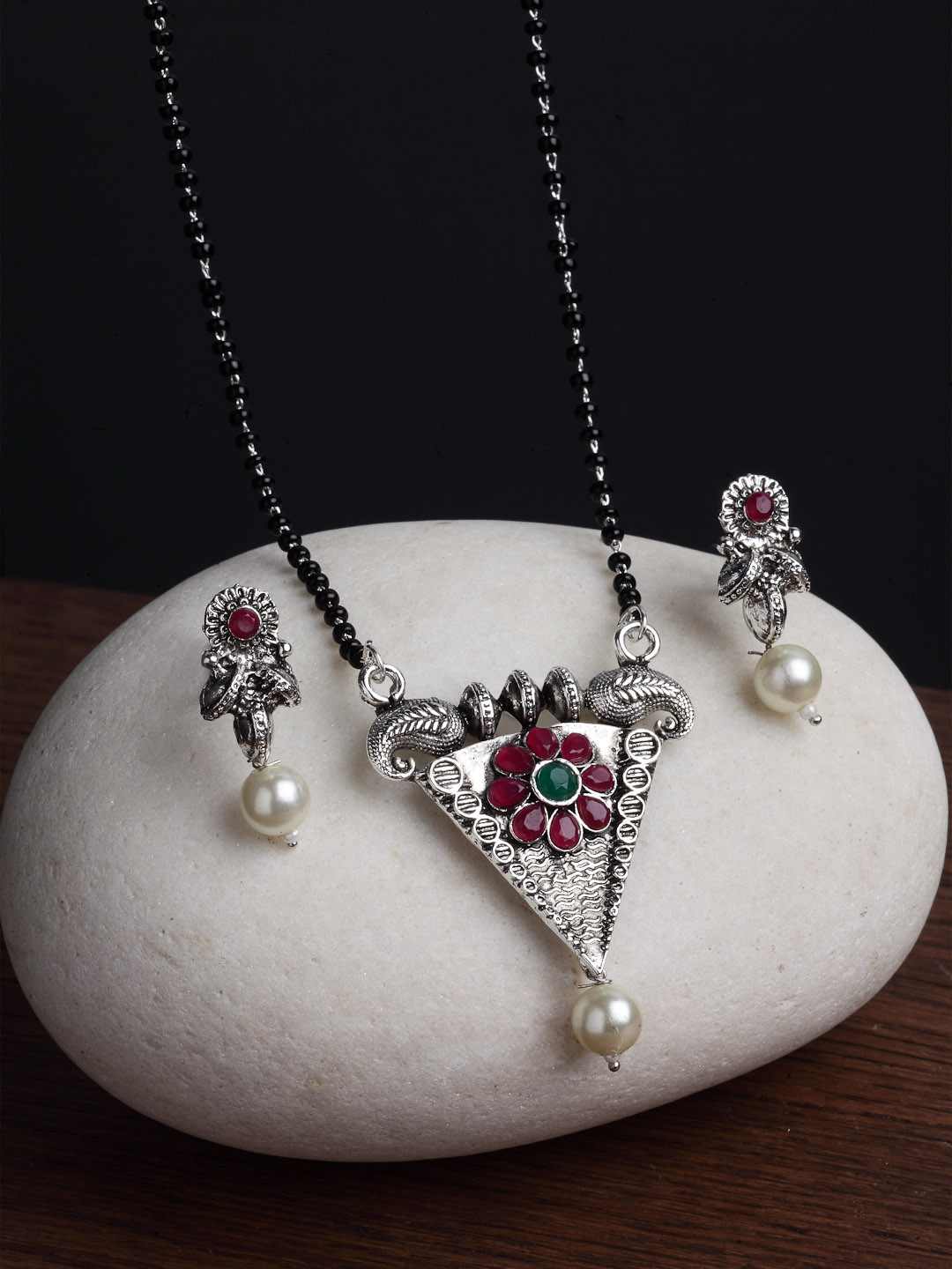 

PANASH Oxidized Silver-Plated Black Artificial Stones-Studded & Beaded Mangalsutra Set