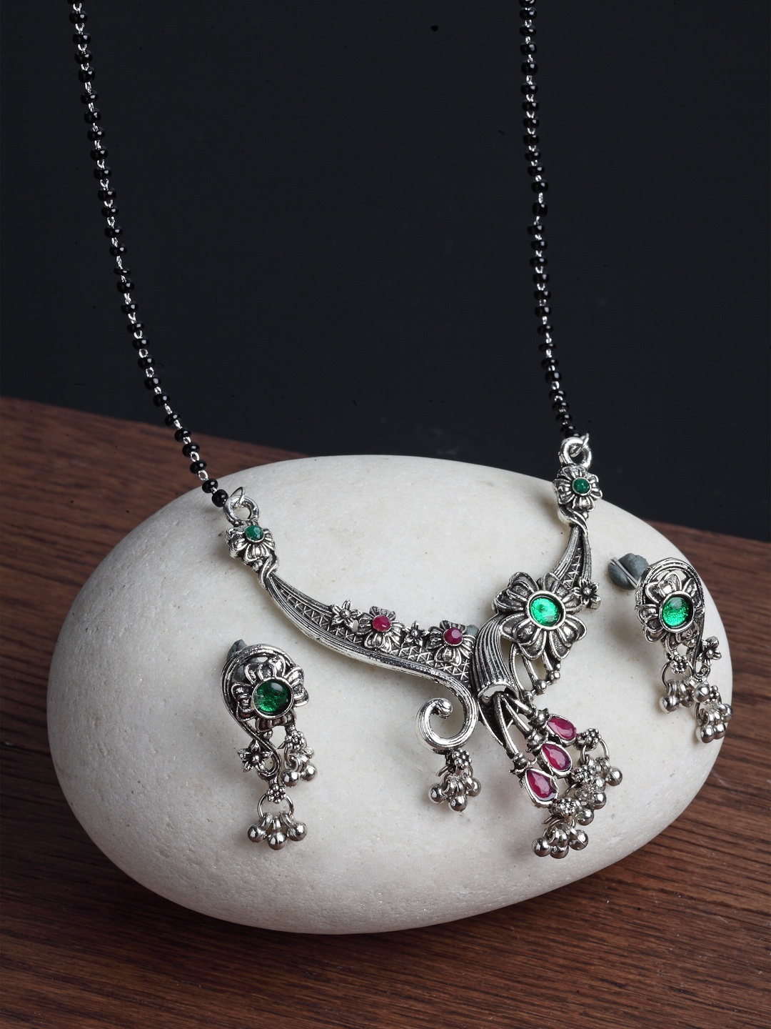 

PANASH Silver-Plated Green & Pink Stone-Studded Black Beaded Mangalsutra Set