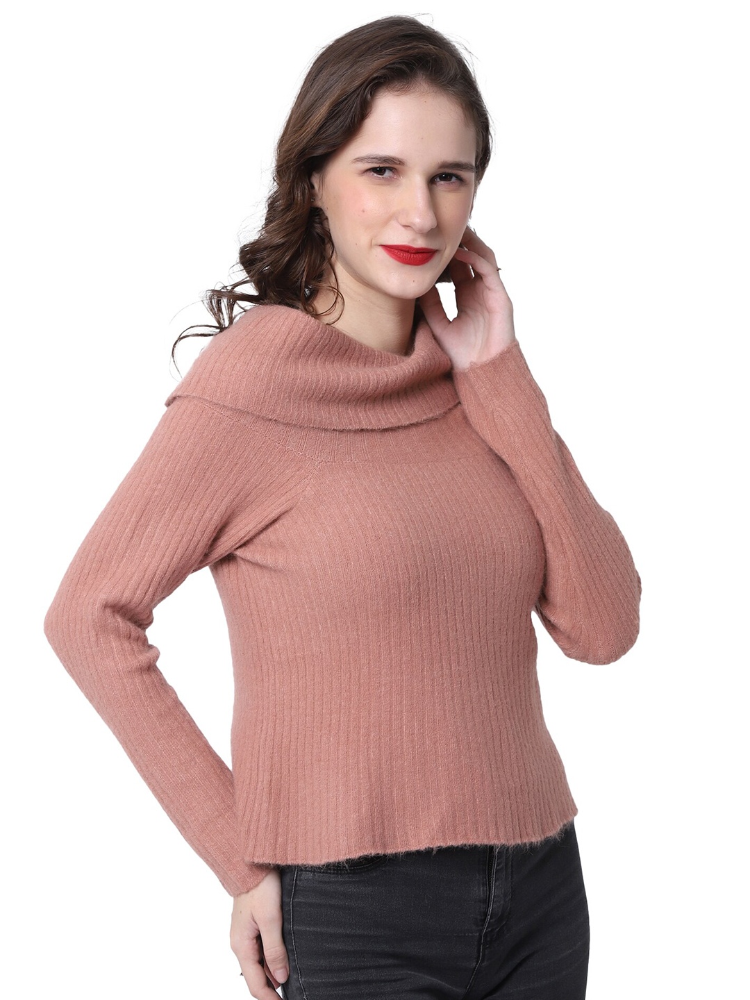 

NoBarr Women Pink Solid Cowl Neck Pullover Acrylic Sweater