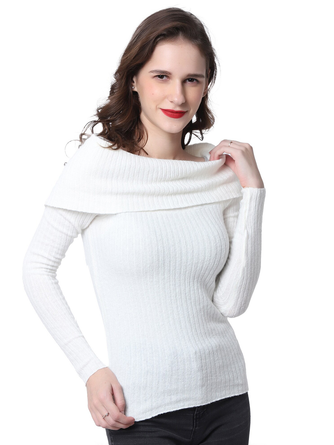 

NoBarr Women White Ribbed Pullover