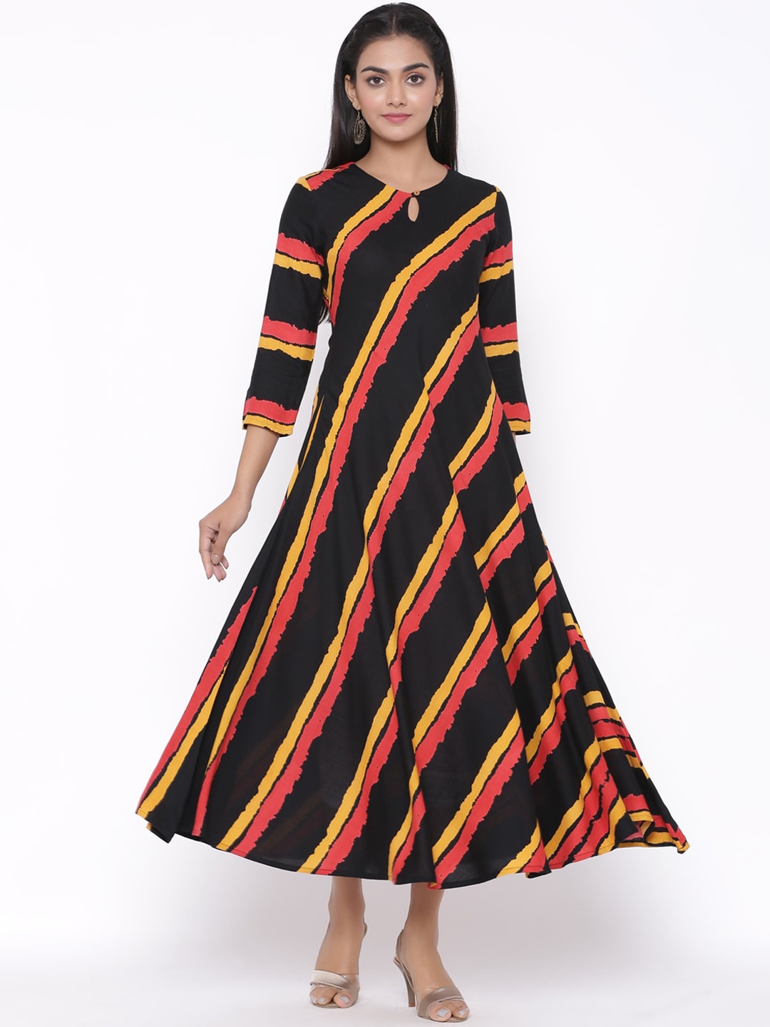

fabGLOBAL Black & Yellow Leheriya Printed A-Line Midi Dress