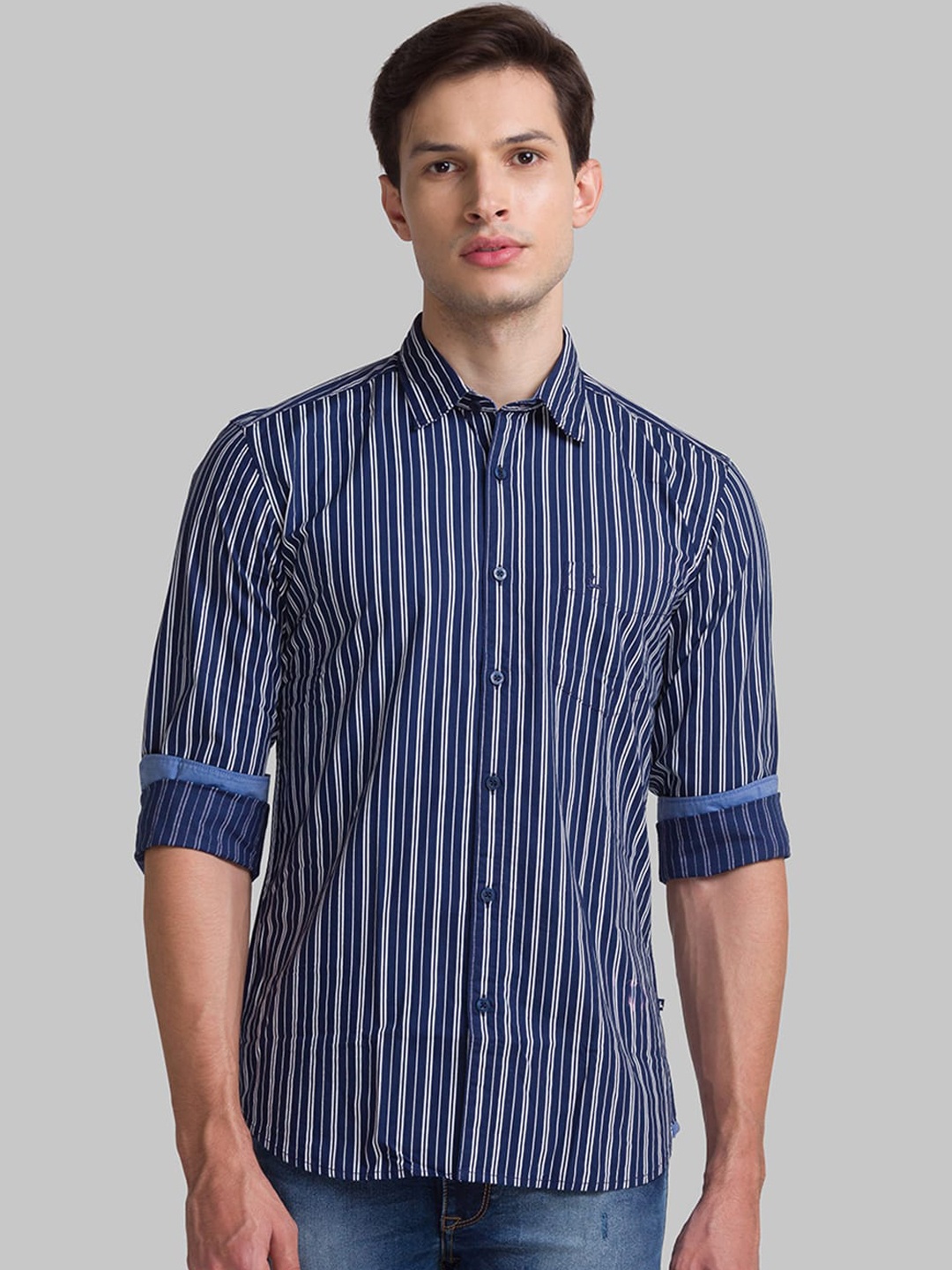 

Parx Men Blue Slim Fit Opaque Striped Casual Shirt