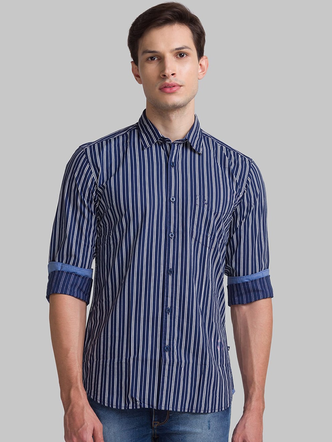 

Parx Men Blue Slim Fit Opaque Striped Casual Shirt