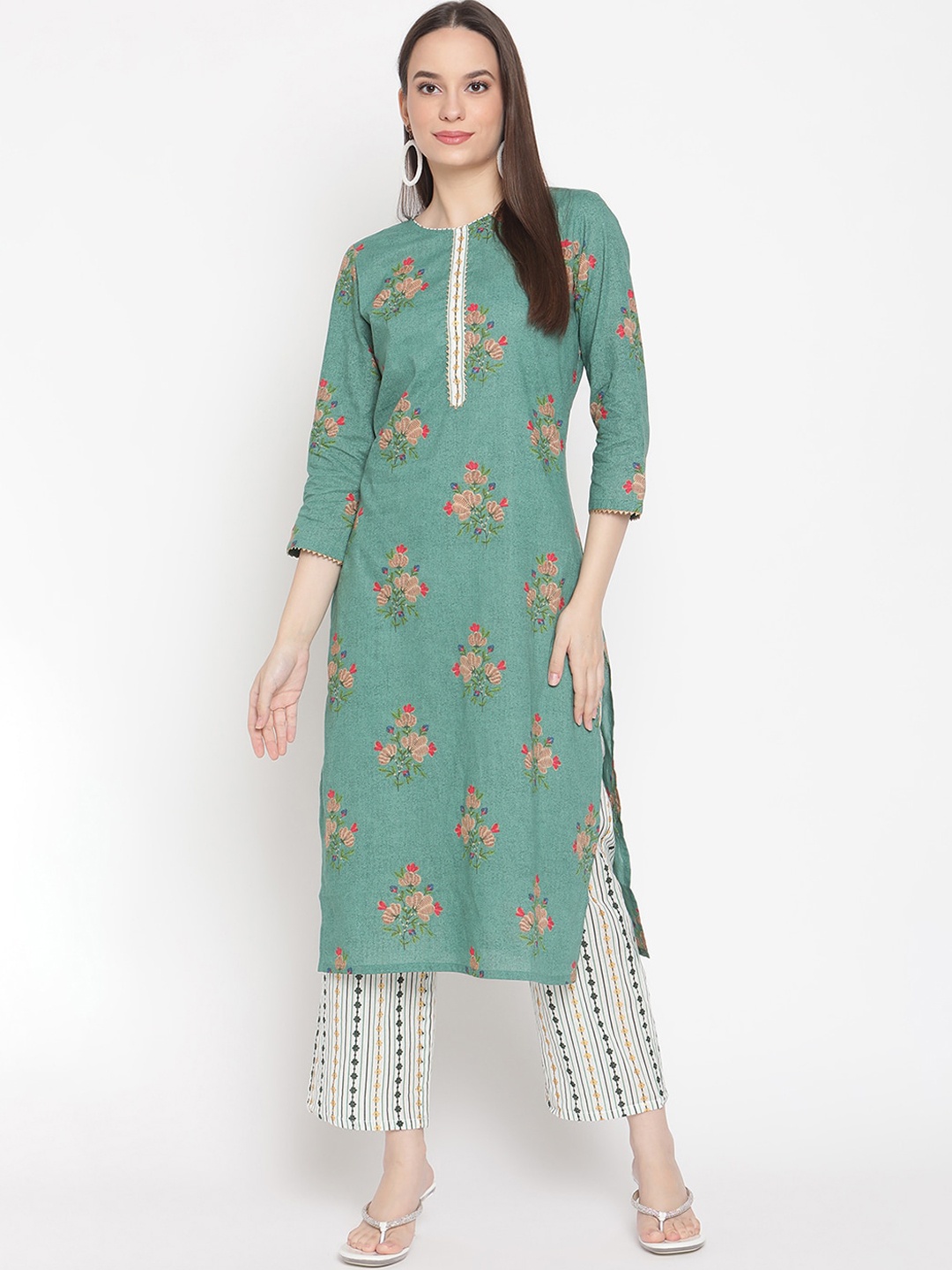 

Be Indi Women Floral Printed Straight Kurta Set with Trouser, Green