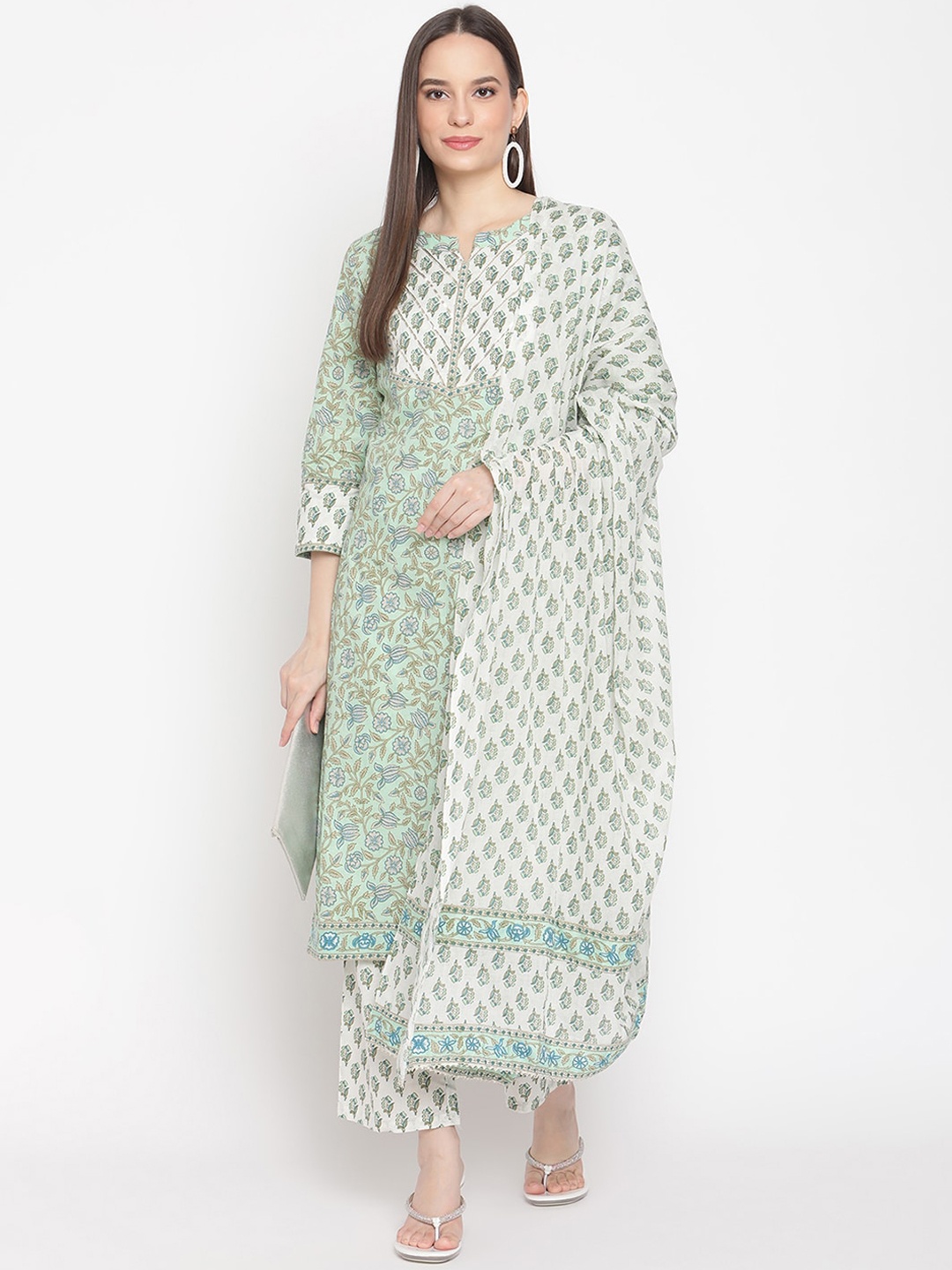 

Be Indi Women Sea Green Floral Printed Regular Gotta Patti Pure Cotton Kurta with Palazzos & With Dupatta