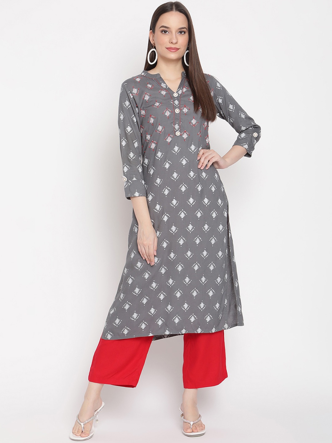 

Be Indi Women Geometric Printed A-Line Kurta with Trousers Set, Grey