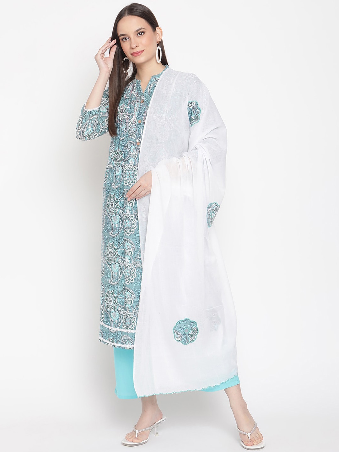 

Be Indi Women Turquoise Blue Floral Printed Regular Patchwork Pure Cotton Kurta with Trousers & With Dupatta