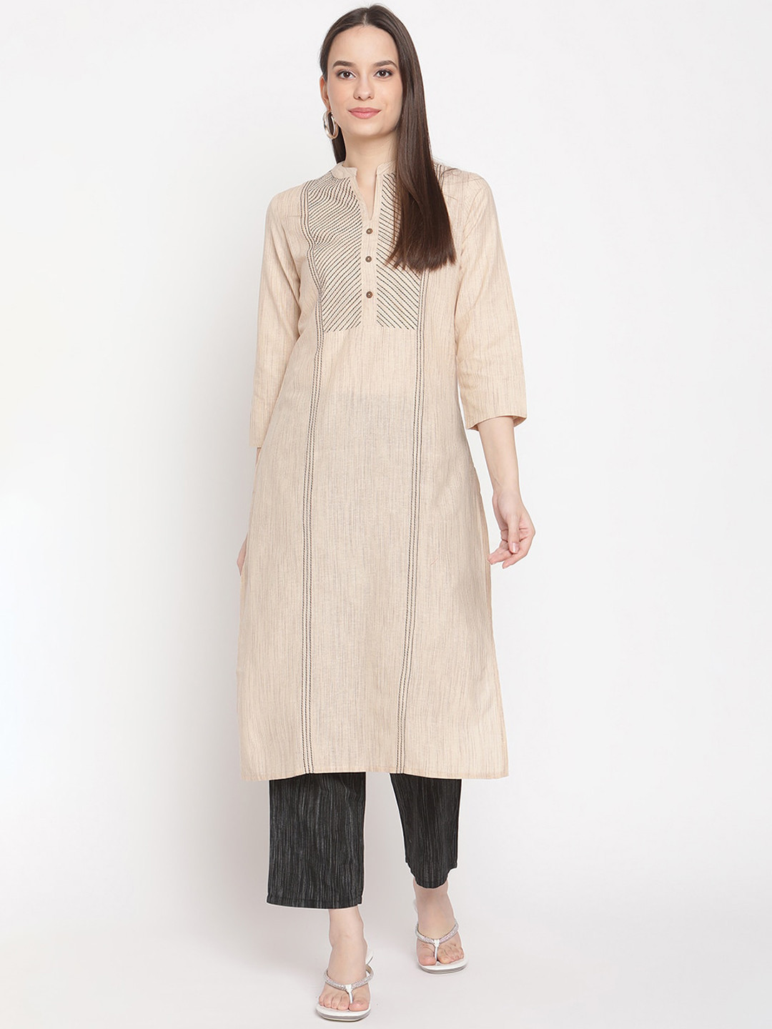 

Be Indi Women Beige Panelled Thread Work Pure Cotton Kurta with Trousers