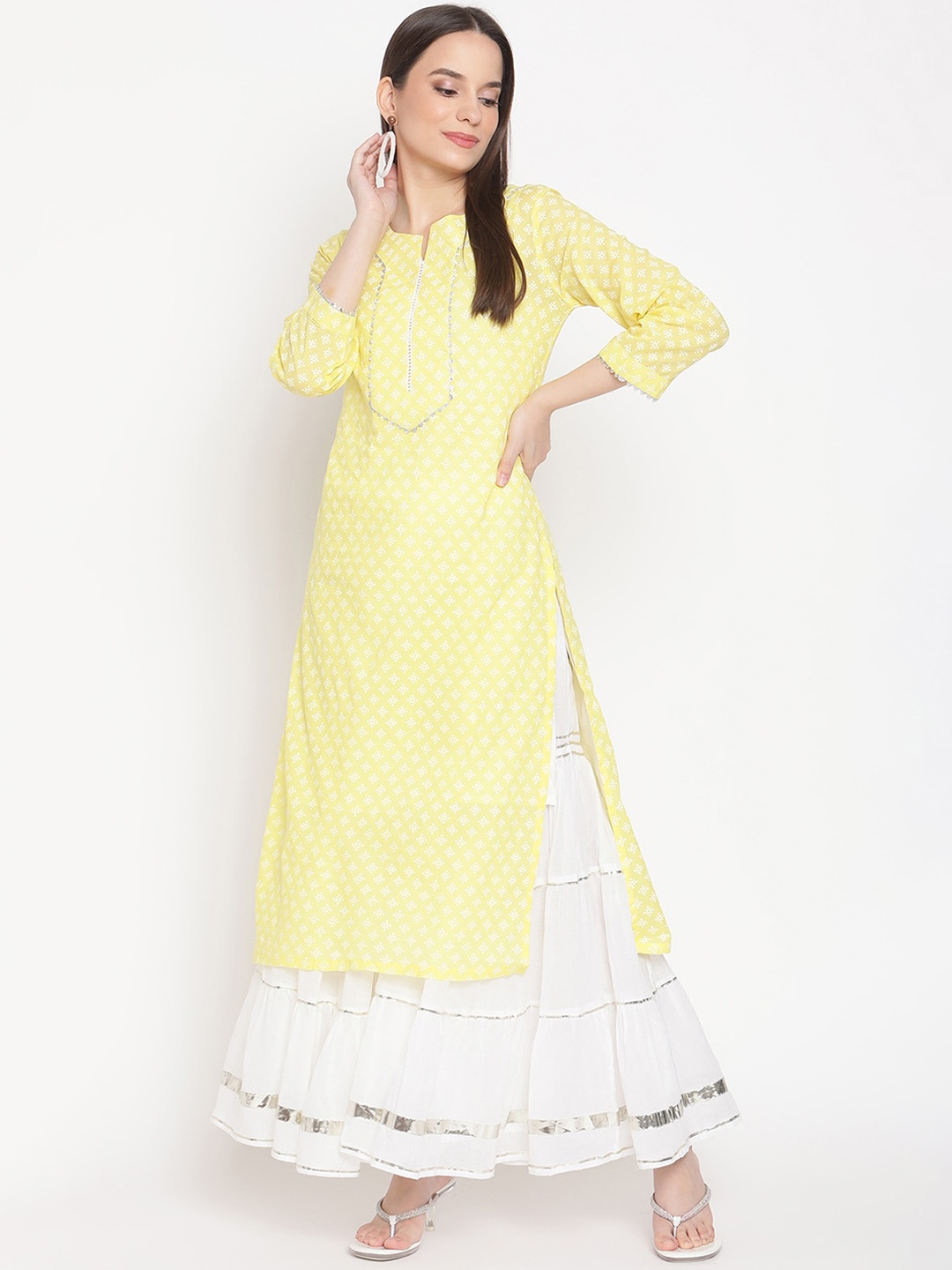 

Be Indi Women Lime Green & White Ethnic Printed Gotta Patti Pure Cotton Kurta with Sharara