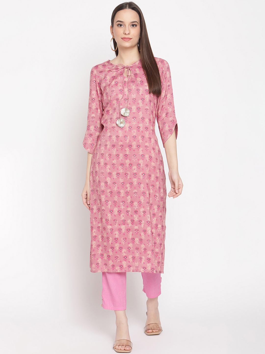

Be Indi Women Floral Foil Print Straight Kurta with Trousers, Pink