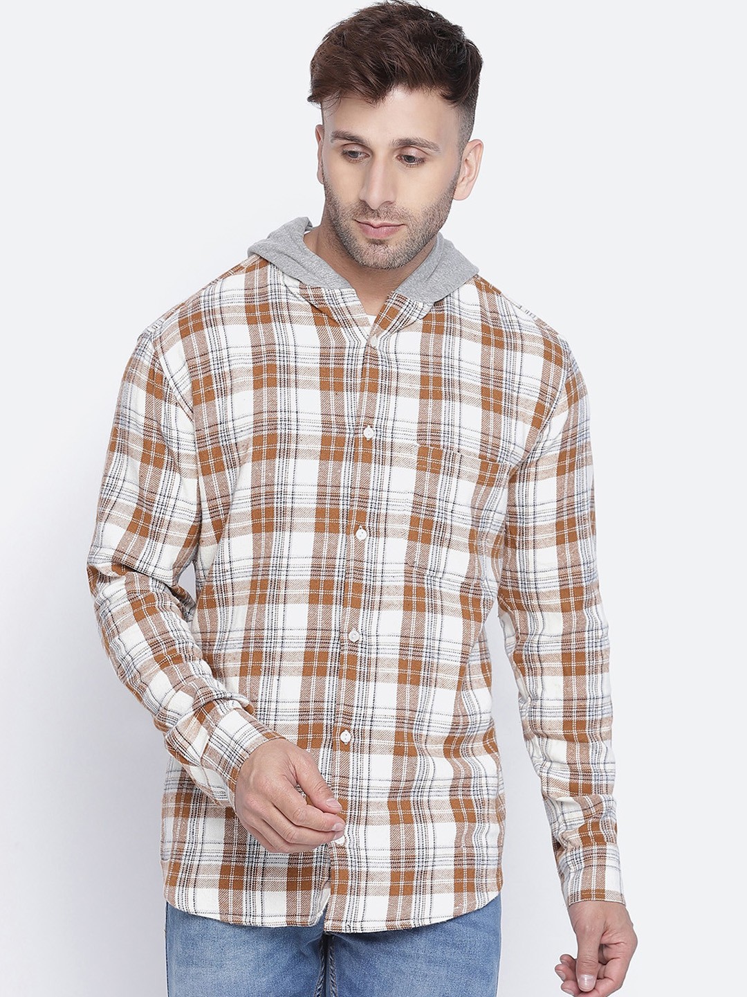 

Oxolloxo Women Brown & White Opaque Checked Hooded Casual Shirt