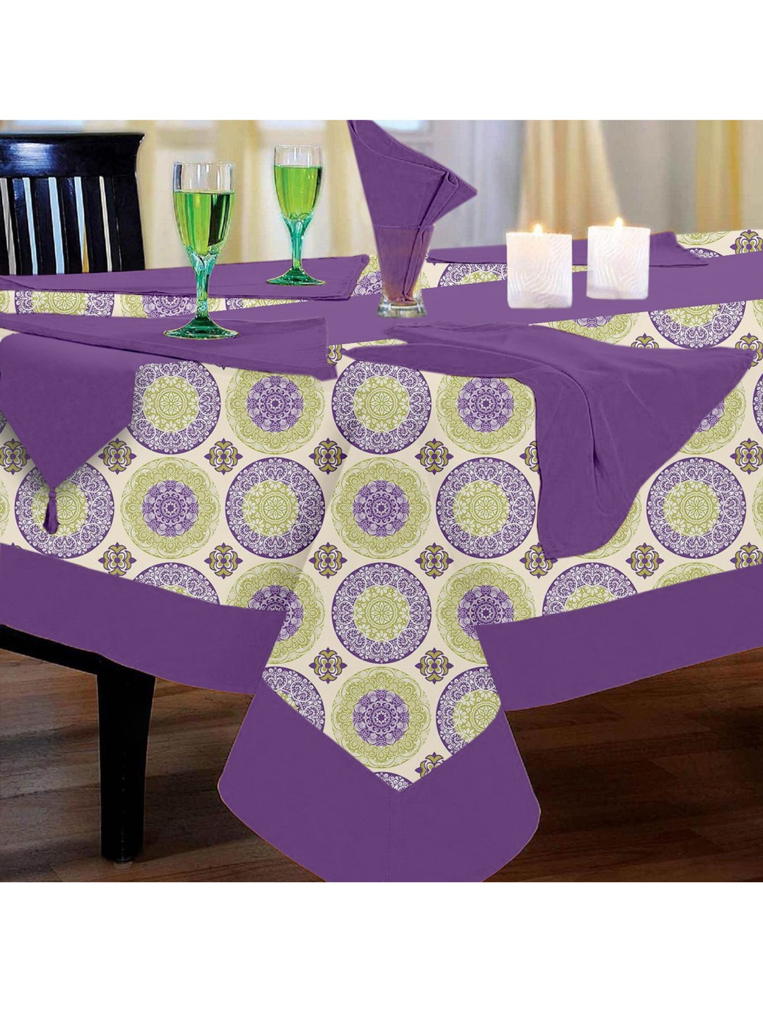 

Lushomes Multi Colour Printed 6 Seater Table Linen Set 1 Table Cloth,1 Runner&6 Napkins