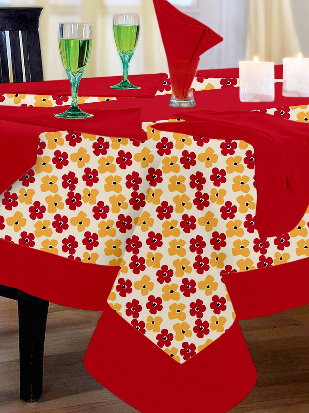 

Lushomes Red & White Floral Printed 6 Seater Table Linen Set