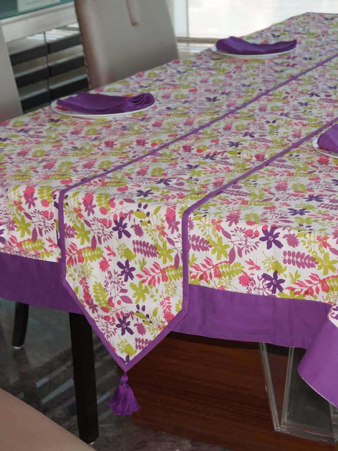 

Lushomes White & Purple Printed Pure Cotton 6-Seater Dining Table Cloth With 6 Napkins & 1 Runner, Multi