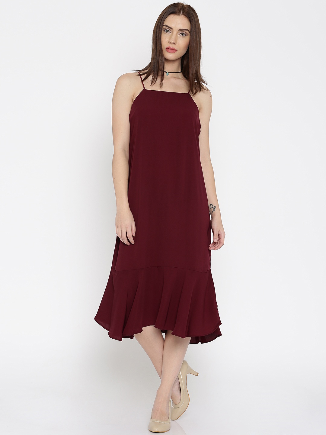 

AND Women Burgundy Solid Midi Dress