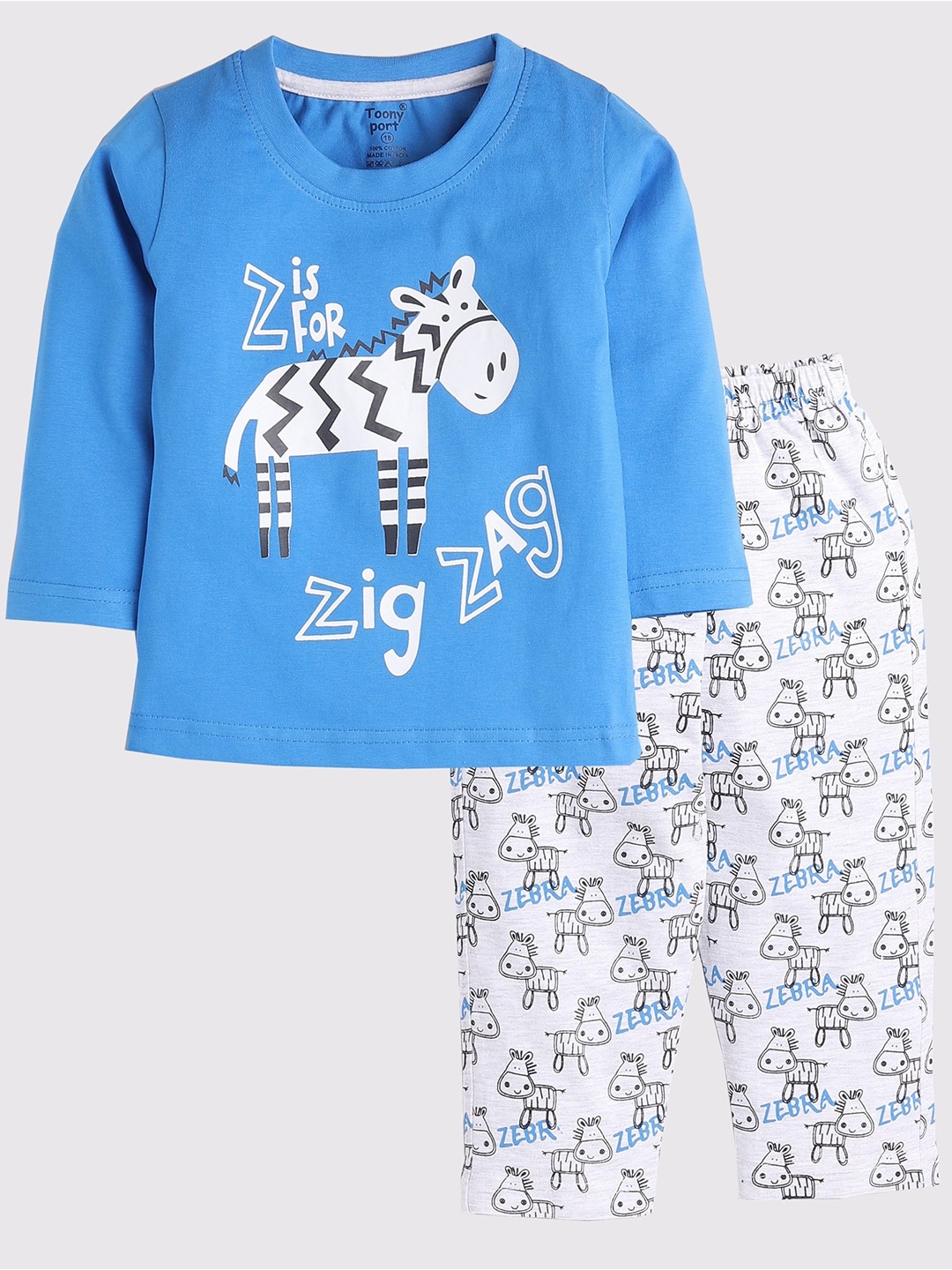 

Toonyport Boys Blue & White Printed Pure Cotton T-shirt With Trousers