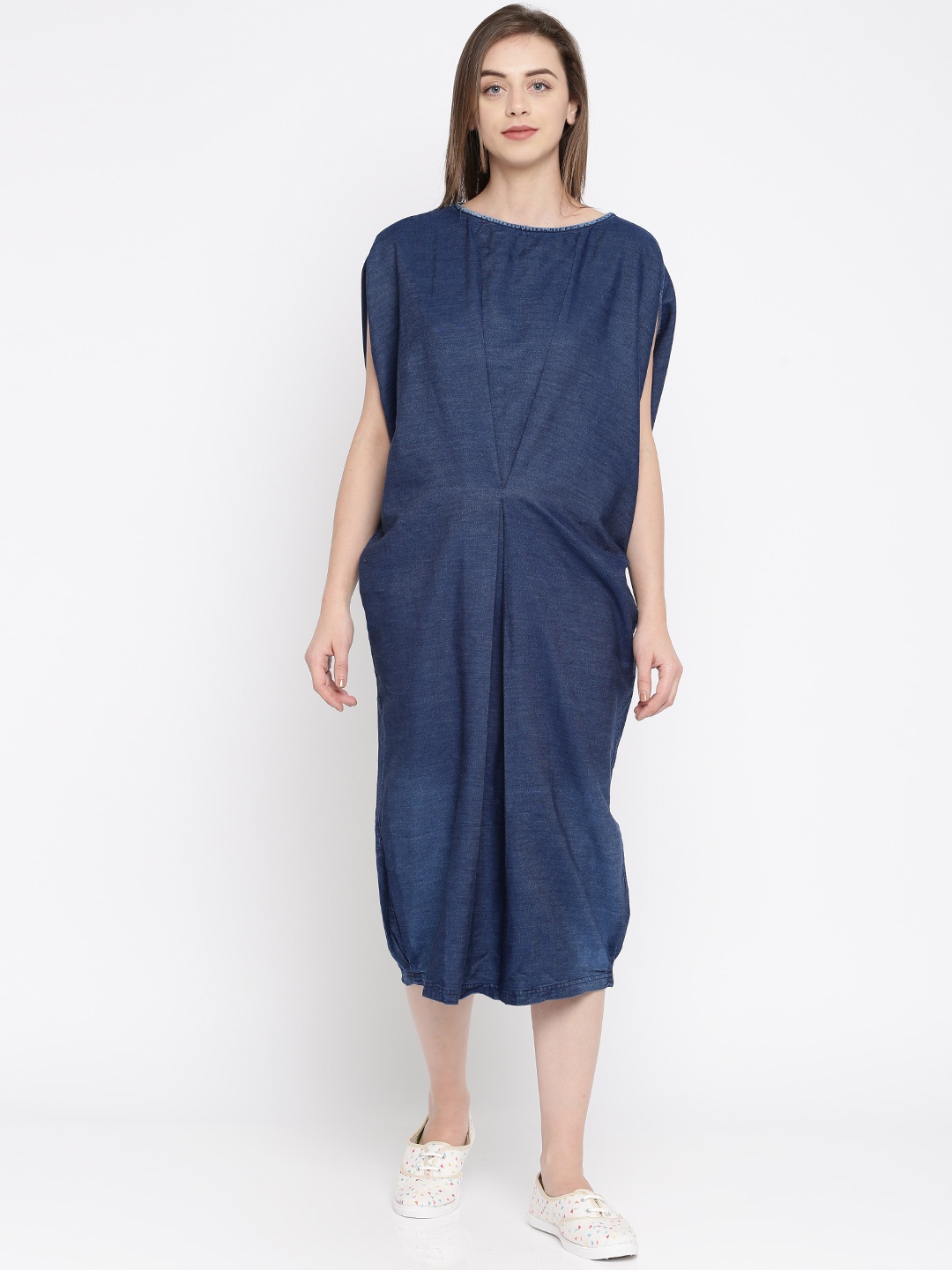 

AND Women Beige Solid A-line Dress, Navy blue