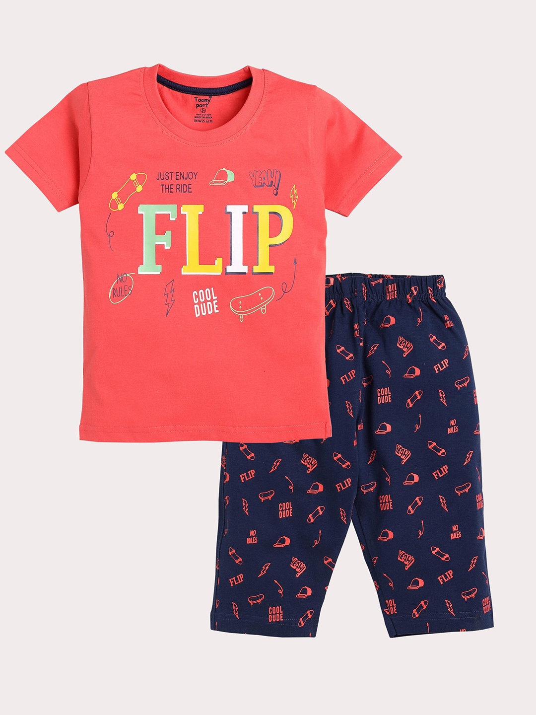 

Toonyport Boys Coral Pink & Navy Blue Printed T-shirt with Capris