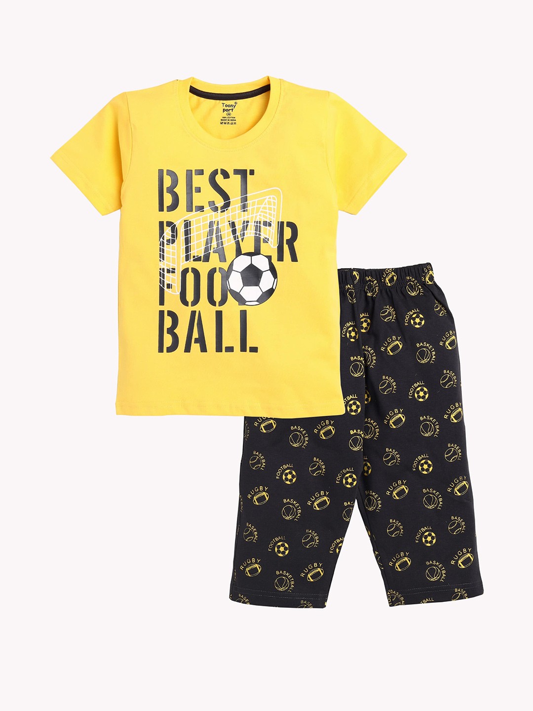 

Toonyport Boys Yellow & Black Pure Cotton Printed T-shirt with Capris