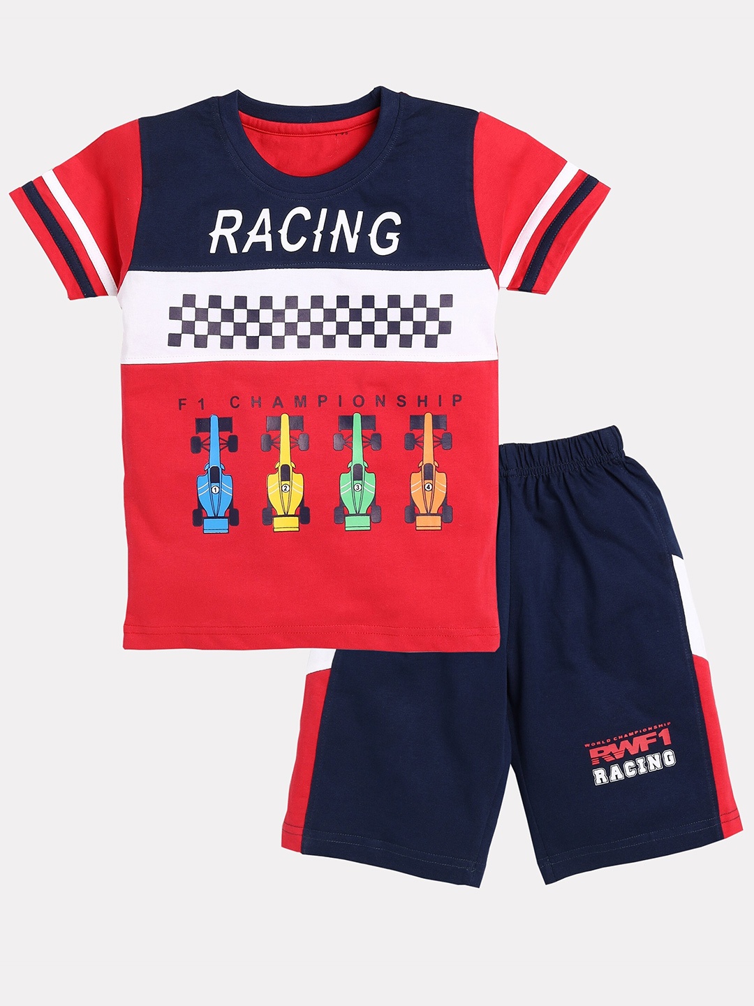 

Toonyport Boys Red & Navy Blue Printed Cotton T-shirt with Shorts