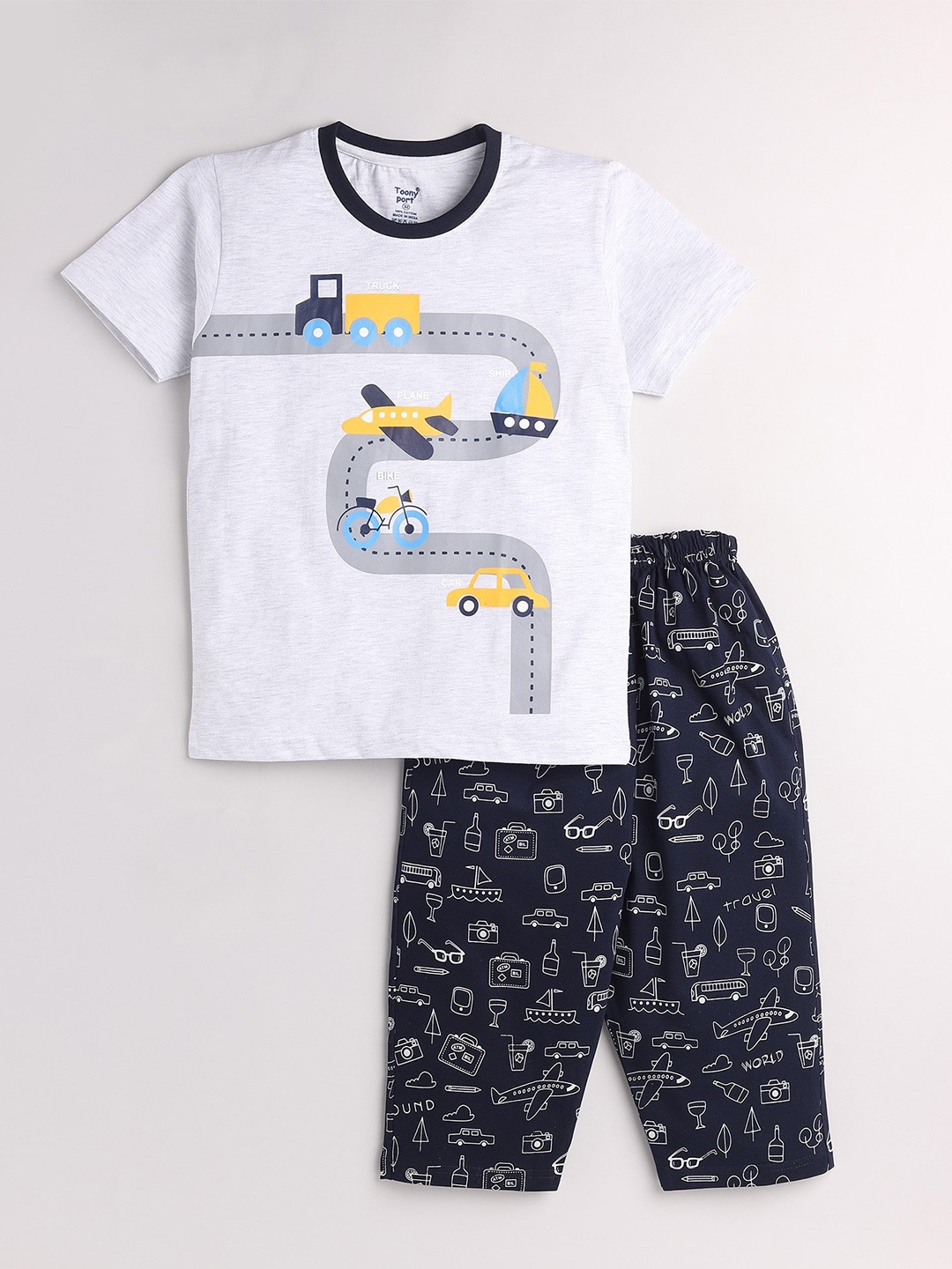 

Toonyport Boys Grey & Navy Blue Truck Printed Pure Cotton T-shirt with Pyjamas