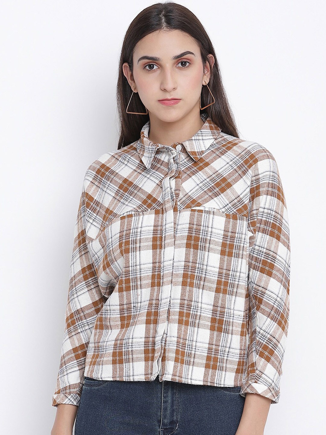 

Oxolloxo Women Brown Tartan Checks Opaque Checked Casual Shirt