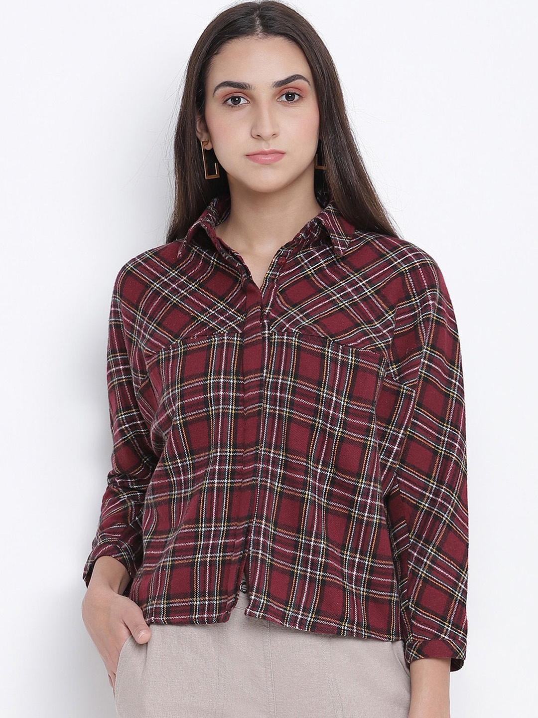 

Oxolloxo Women Maroon Tartan Checks Opaque Checked Casual Shirt