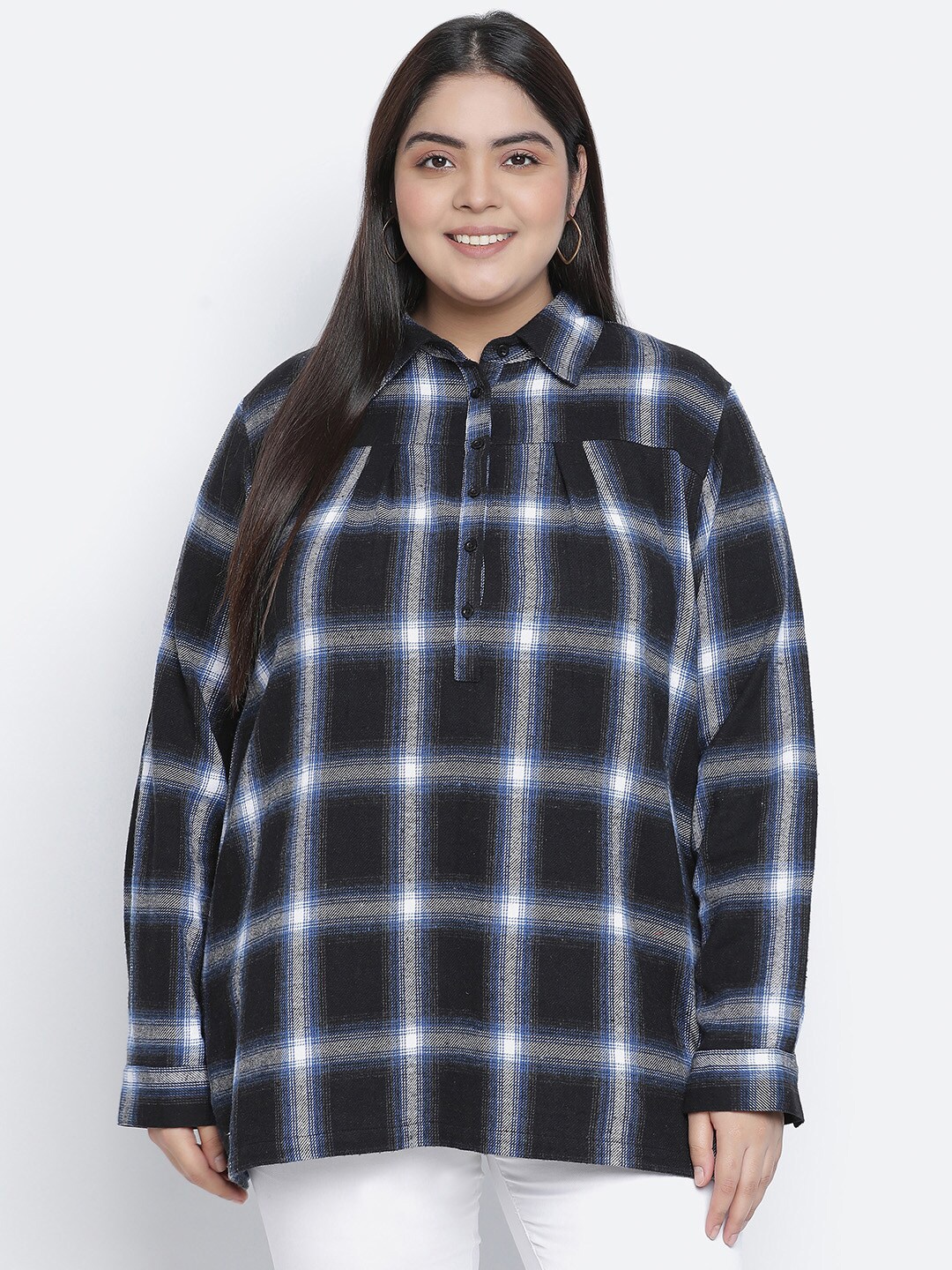 

Oxolloxo Navy Blue & White Shirt Collar Checked Cotton Tunic