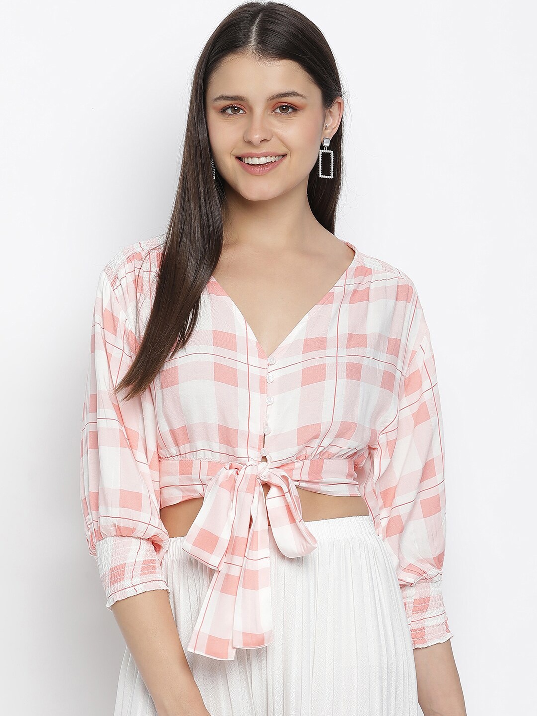 

Oxolloxo Off White & Peach-Coloured Checked Crepe Cinched Waist Crop Top