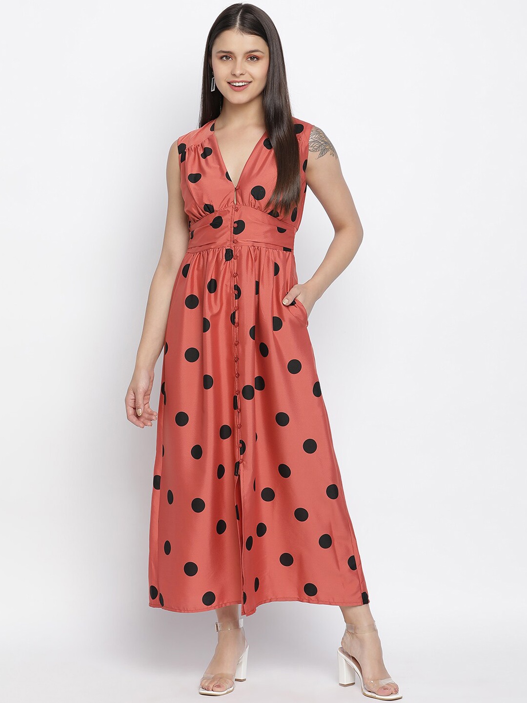 

Oxolloxo Rust & Black Polka Dots Satin Maxi Dress