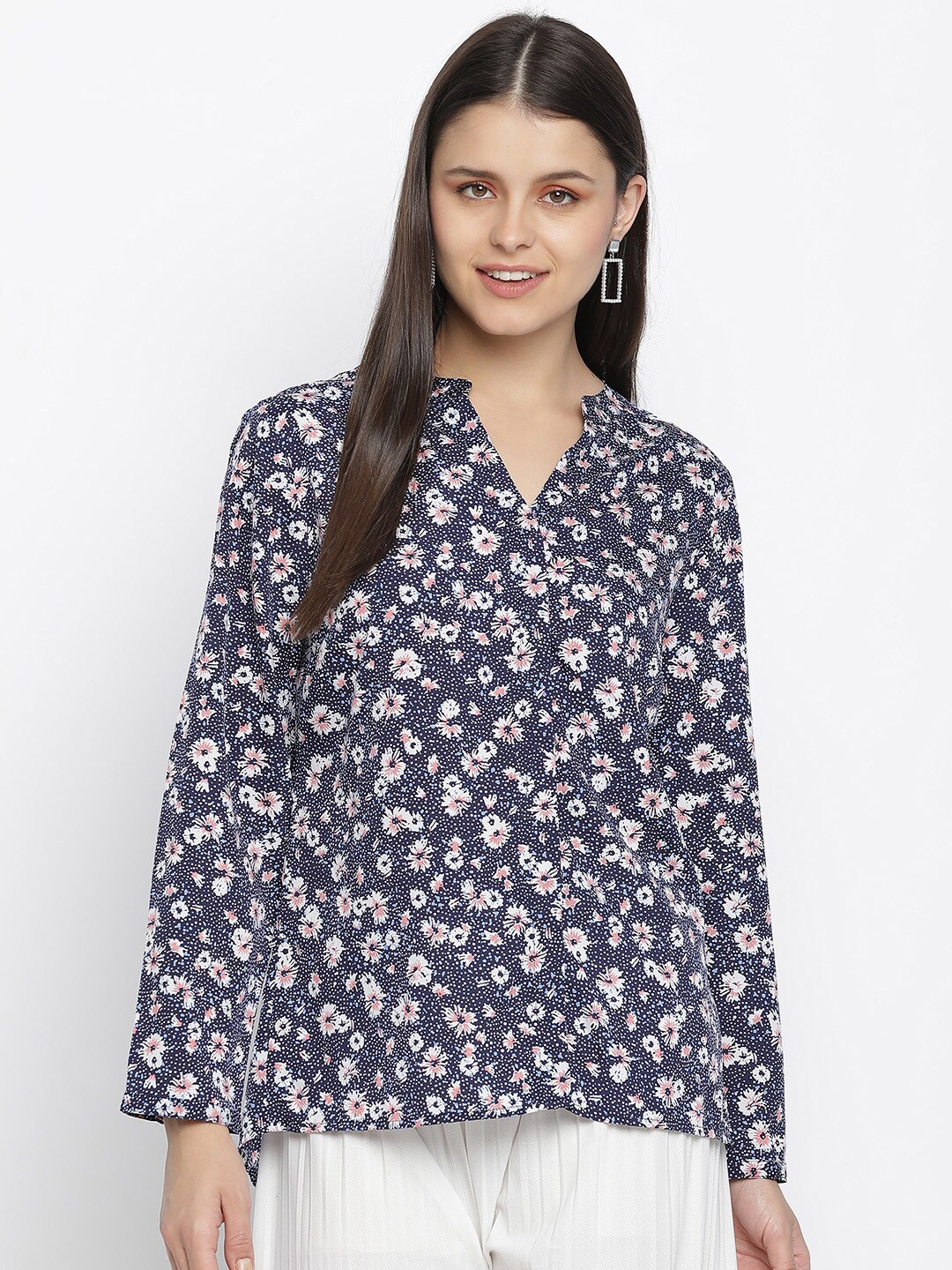 

Oxolloxo Blue Floral Mandarin Collar Regular Top