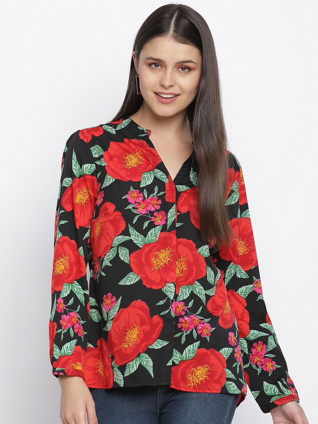 

Oxolloxo Black & Red Floral Mandarin Collar Shirt Style Top